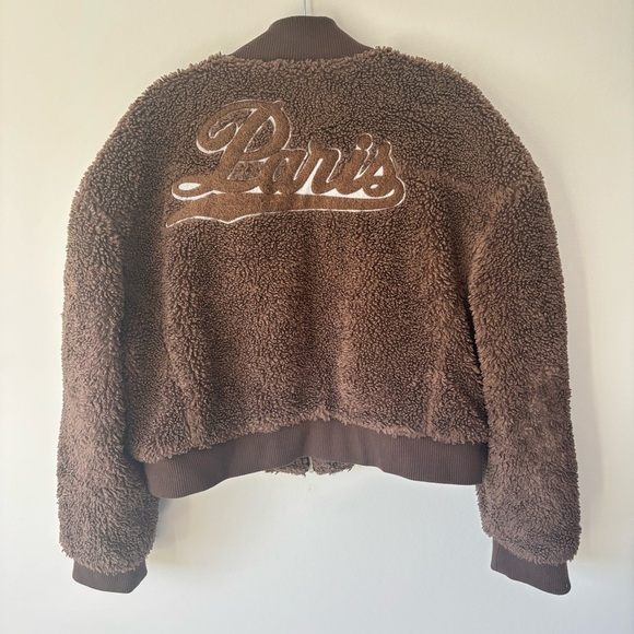 Azalea Wang Ruela Brown Teddy Varsity Bomber Jacket Fleece Sherpa Cropped - Picture 10 of 14